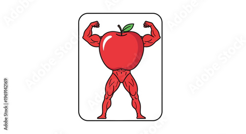 Vibrant red apple cartoon character flexing impressive muscles, showcasing natural power and