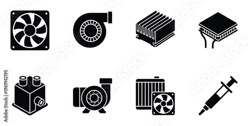 Cooling system and fluid handling components icons isolated on transparent background vector