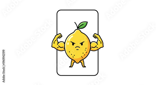 A powerful and angry cartoon lemon flexing its biceps with a determined expression on a clean