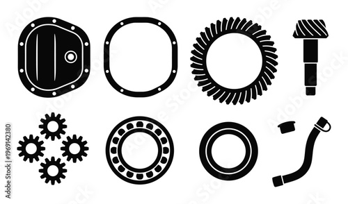 Differential and axle components icons set featuring ring gear pinion bearing and oil pan cover plate