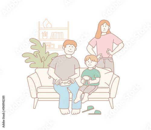 A flat vector illustration of a father and son having fun playing video games while the mother watches with an upset expression.