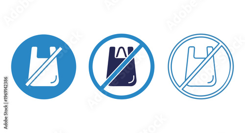 Set of three circular prohibition signs indicating no plastic bags allowed, promoting eco-friendly choices
