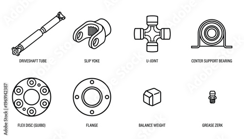 Driveshaft assembly components outline set including tube slip yoke u-joint center support bearing