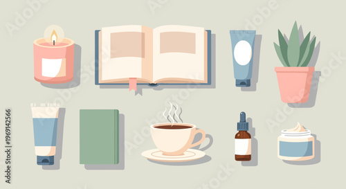 Self Care Routine Mental Health Awareness Month Cozy Flat Vector Background