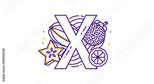 Vibrant tropical fruit assortment adorning a stylish initial X in modern line art illustration