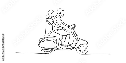A single continuous line drawing of a couple riding together on a classic vintage motor scooter Vector, illustration