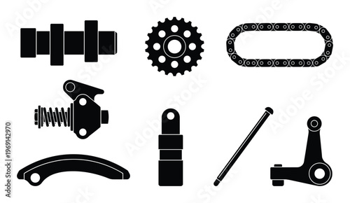 Engine timing system components silhouette set with camshaft sprocket drive chain and tensioner