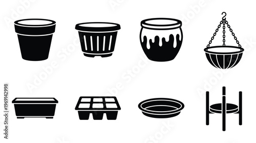 Flower pot and garden container silhouettes including hanging basket seedling tray and ceramic vases
