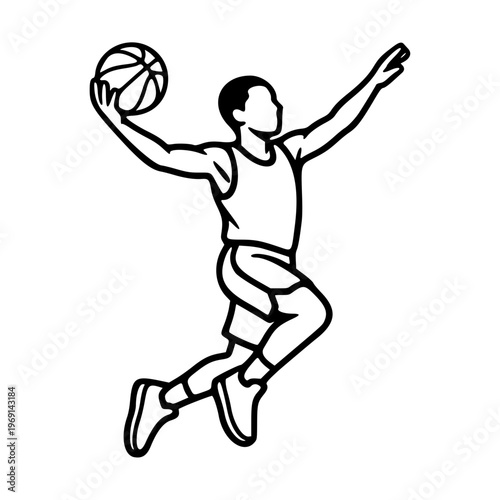 basketball player jumping with ball line drawing illustration vector clipart black and white