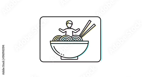 Line art icon of a joyful person standing in a noodle bowl with chopsticks representing delicious