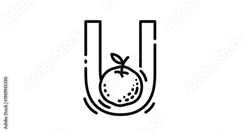 Clean line art representation of the alphabet letter U embracing a round fruit symbol