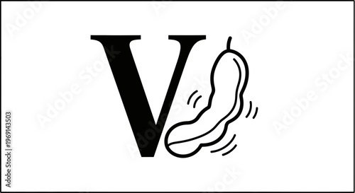 Dynamic monochrome illustration of letter V with a vibrating organic pod shape next to it