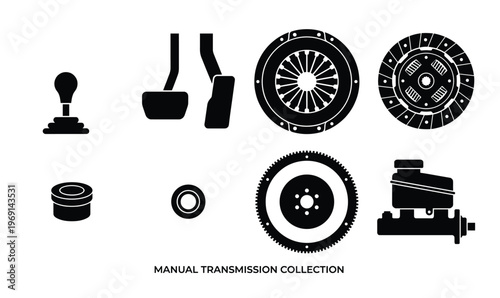 Manual transmission car parts collection silhouette on gray checkered background