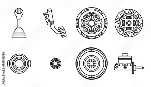 Manual transmission car parts outline on gray checkered background isolated