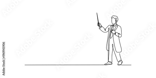 Continuous line drawing of a male professor standing and pointing with a stick in the classroom Vector, illustration