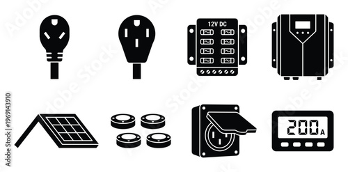 Renewable energy and electrical equipment icons featuring solar panel inverter fuse box and plugs