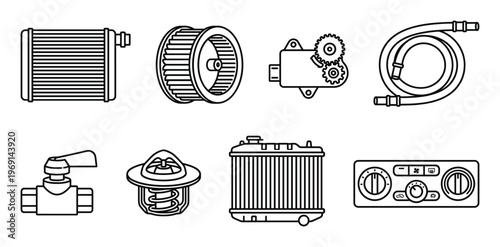 Outline vector icons of automotive cooling and heating system components on transparent background