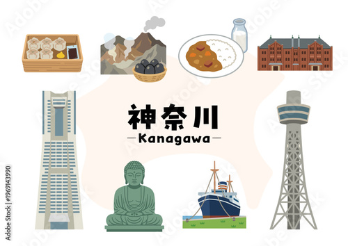 神奈川県の観光・グルメ・名所アイコンセット（横浜・鎌倉・箱根・赤レンガ・大涌谷）