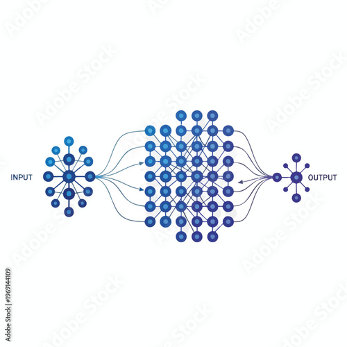 Abstract visualization of a neural network with input and output layers and connections
