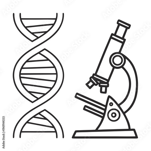 Set of two biological research outline icons featuring a DNA double helix and a laboratory microscope