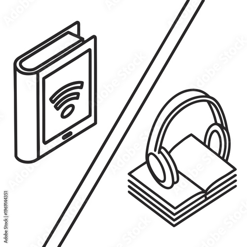 Set of two digital reading outline icons featuring an e-book tablet and audiobook headphones