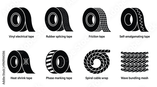 Set of black icons of adhesive tapes for electrical insulation and cable bundling solutions