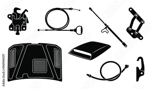 Set of black icons showing various automobile hood parts and components on transparent background