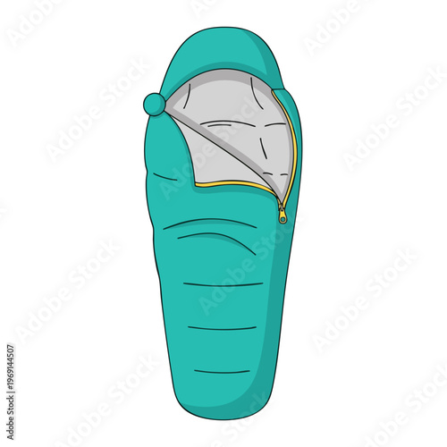 Teal sleeping bag with zipper, interior lining visible, and cinched hood