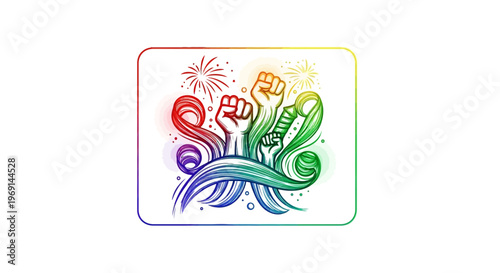 Empowering rainbow fists symbolizing collective strength, joy, and diverse human rights