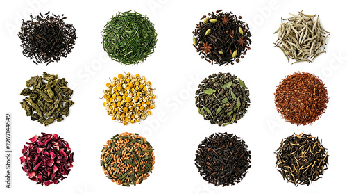 Collection of twelve diverse loose leaf tea varieties arranged in neat circles on a white background, green tea, black tea, white, herbal tea, chamomile, hibiscus tea, rooibos teas