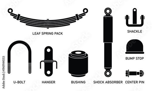 Set of black silhouettes of leaf spring suspension parts on transparent background isolated
