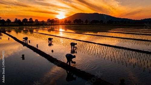 Farmers working in rice paddies at sunset with silhouettes reflected in water