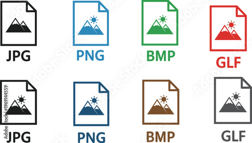 File format icons set with JPG PNG BMP and GLF extensions, colorful document symbols for image types, vector illustration isolated on white background