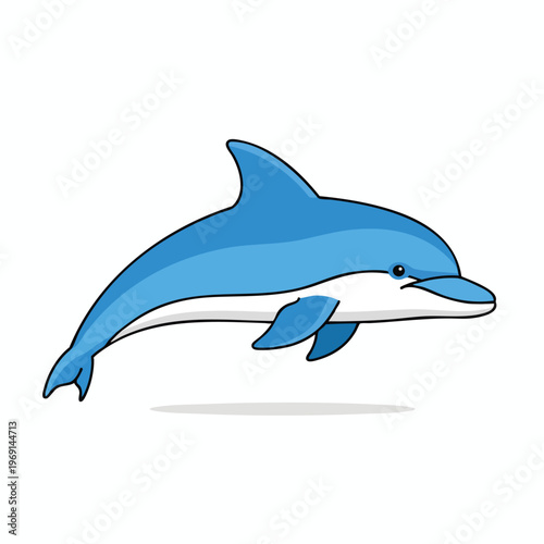 Blue cartoon dolphin with black outline, swimming right with a shadow