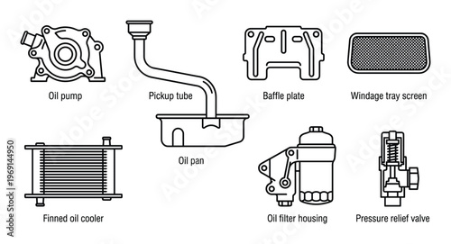 Set of car oil system components with labels vector isolated on a transparent background