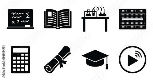 Set of education and science icons including chalkboard calculator diploma and lab equipment