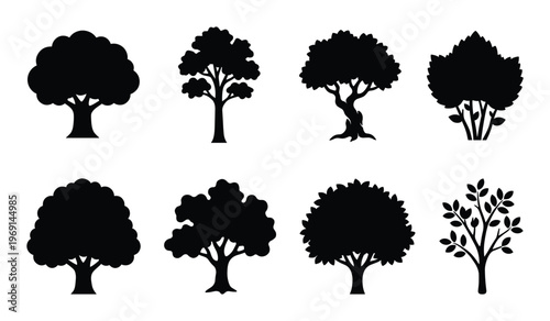 Set of eight diverse tree silhouettes displaying various shapes and forms on a transparent background