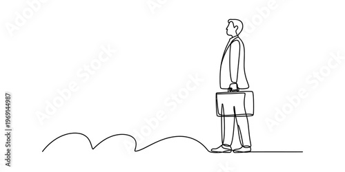 A continuous line drawing of a businessman standing and looking ahead while holding a briefcase Vector, illustration