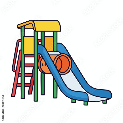 Vibrant playground structure with blue slide, tube, ladder, and yellow roof