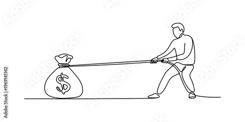 A continuous line drawing of a person pulling a heavy money bag with a rope across the floor area. Vector, illustration