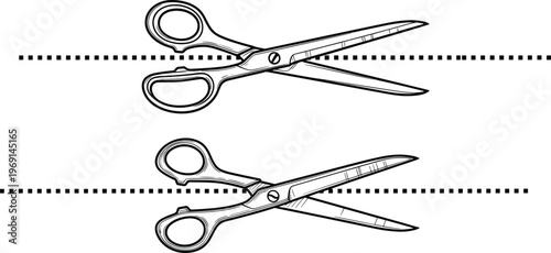 Scissors cutting dotted line icon set with open and closed positions, precision cutting tool illustration for crafting, tailoring, DIY projects, and design elements