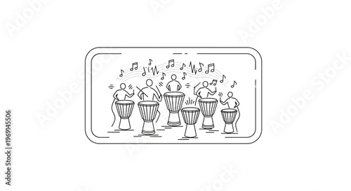 Dynamic ensemble of stick figures playing drums creating a lively rhythmic performance and musical