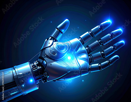 Futuristic Robot Hand with Glowing Blue Accents and Metallic Finish.