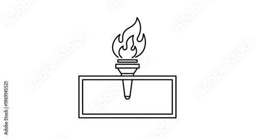 Minimalist line art illustration featuring a stylized flaming torch emblem within a clean