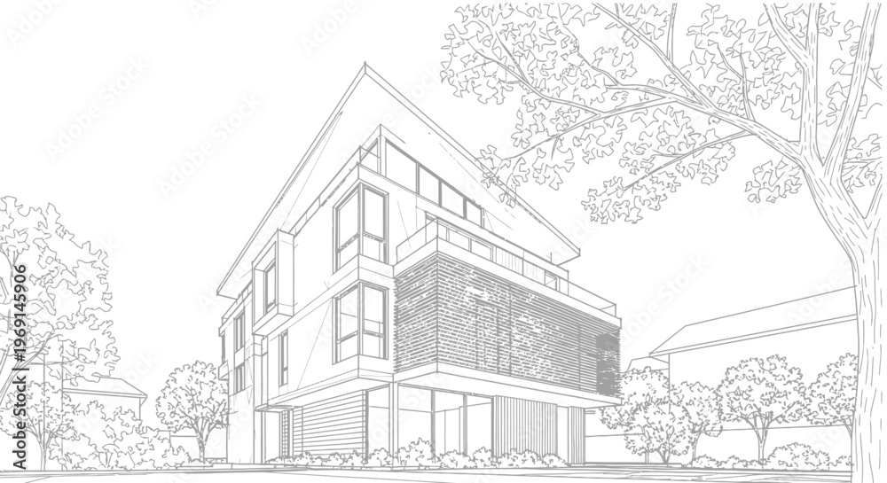 Obraz premium Modern architectural building exterior vector graphic illustrating contemporary design principles for urban and suburban living.