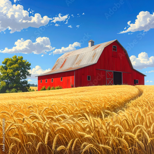 Vibrant red barn amidst golden wheat field under blue sky.