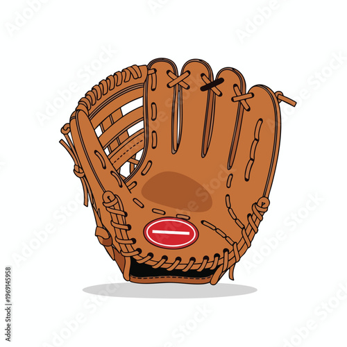 A brown baseball glove with a red and white oval emblem on the palm