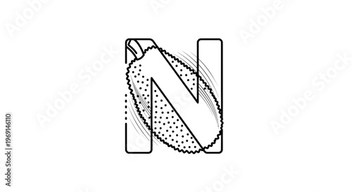 Elegant line art depiction of the letter N integrated with a textured, spiky tropical fruit design