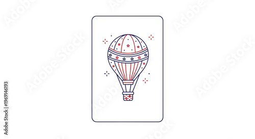 Festive hot air balloon graphic with patriotic colors and star accents in a modern outline style