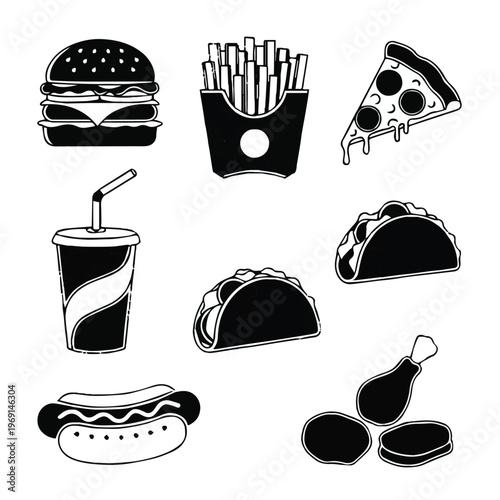 Black and white illustrations of various fast food items